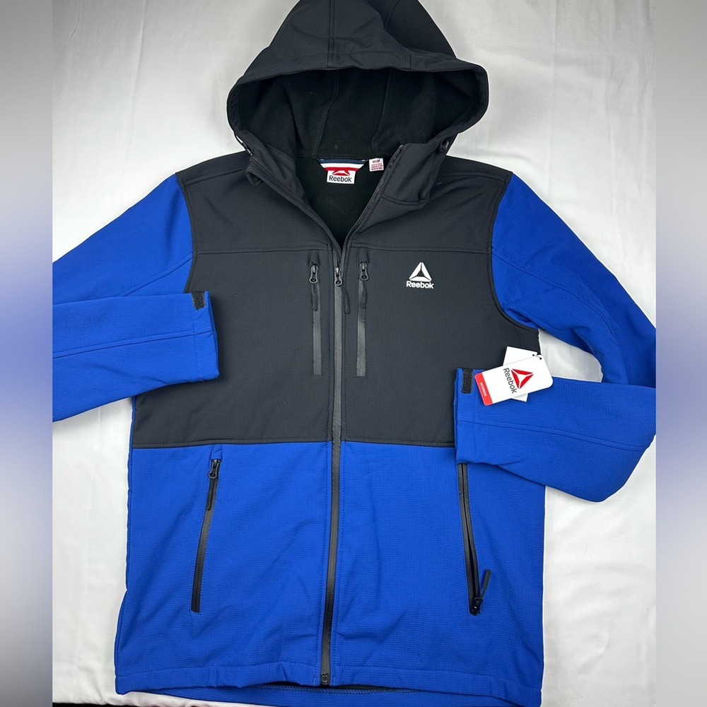 Reebok Men's softshell full zip hooded Jacket in Blue and Black New